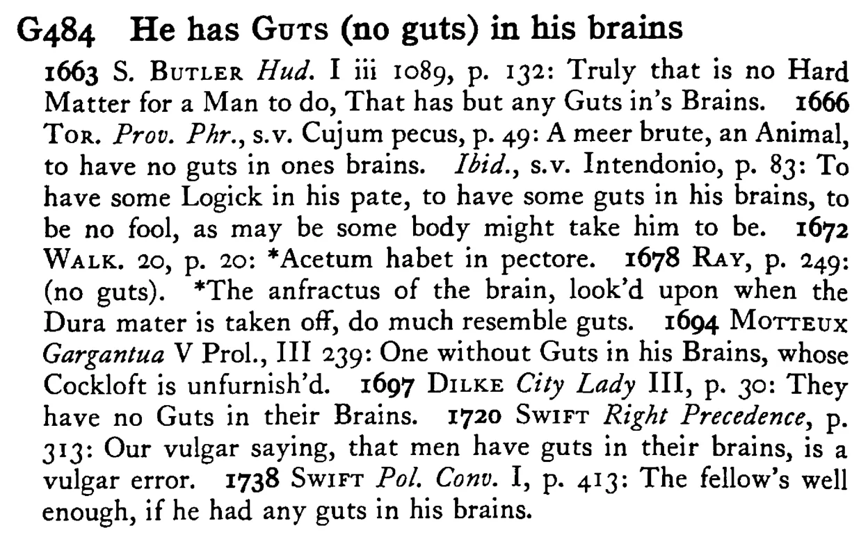 He has GUTS (no guts) in his brains - a scanned entry from Tilley's 1950 Dictionary of Proverbs.