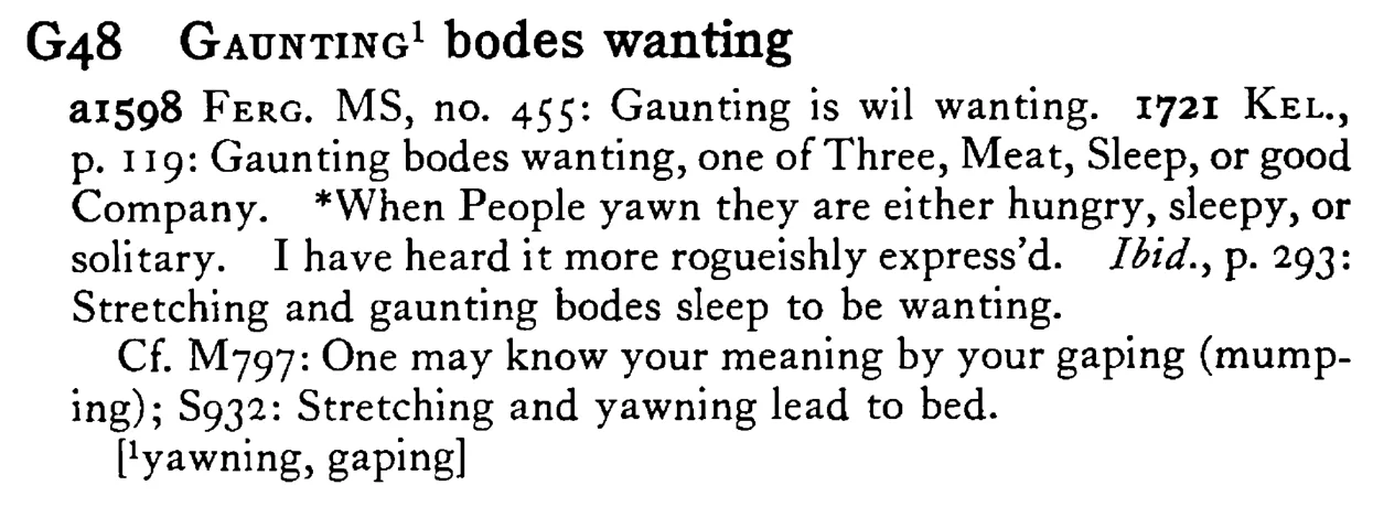 GAUNTING¹ bodes wanting - a scanned entry from Tilley's 1950 Dictionary of Proverbs.