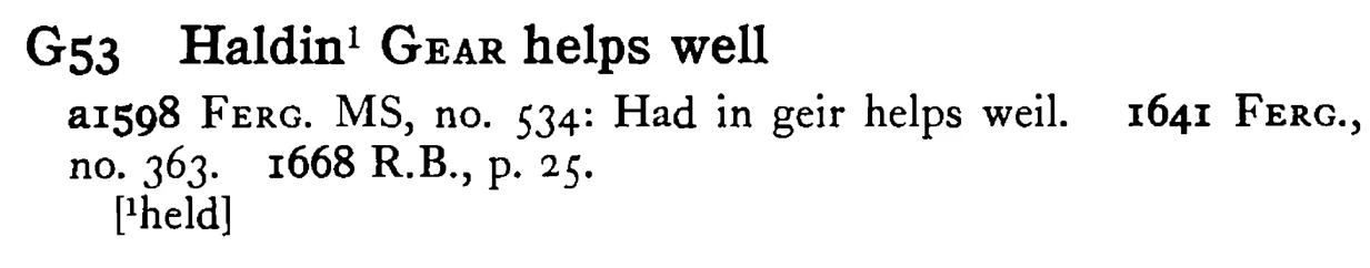 Haldin¹ GEAR helps well - a scanned entry from Tilley's 1950 Dictionary of Proverbs.