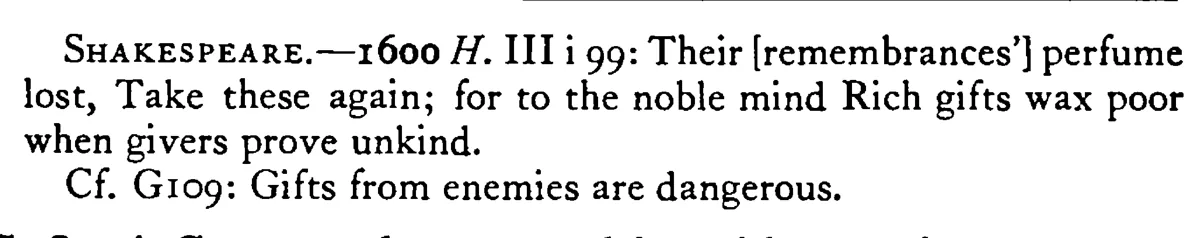 A GIFT is valued by the mind of the giver - a scanned entry from Tilley's 1950 Dictionary of Proverbs. (continuation)