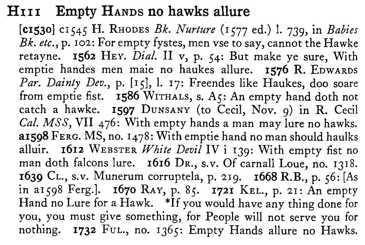 Empty Hands no hawks allure - a scanned entry from Tilley's 1950 Dictionary of Proverbs.