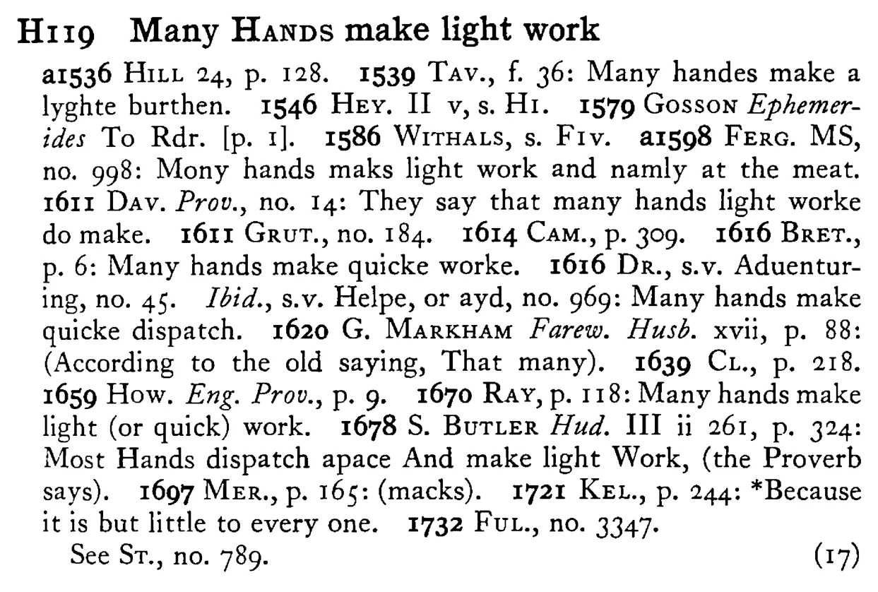 Many HANDS make light work - a scanned entry from Tilley's 1950 Dictionary of Proverbs.