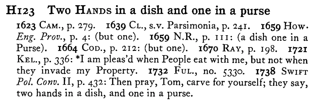 Two HANDS in a dish and one in a purse - a scanned entry from Tilley's 1950 Dictionary of Proverbs.