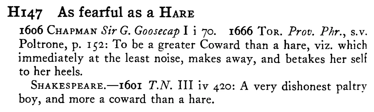 As fearful as a HARE - a scanned entry from Tilley's 1950 Dictionary of Proverbs.