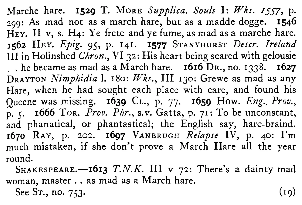 As mad as a March HARE - a scanned entry from Tilley's 1950 Dictionary of Proverbs. (continuation)