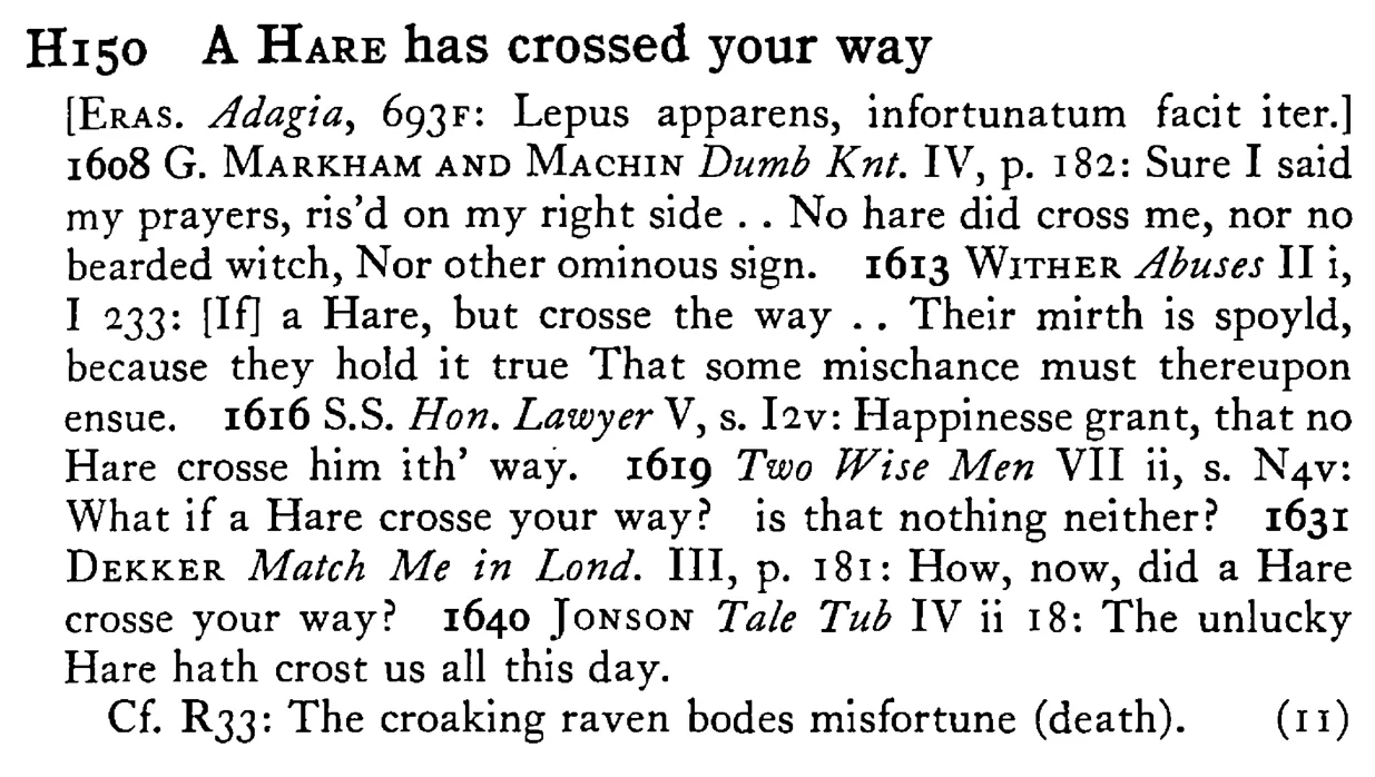 A HARE has crossed your way - a scanned entry from Tilley's 1950 Dictionary of Proverbs.