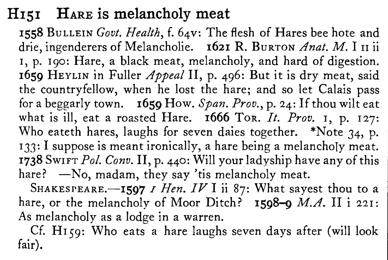 HARE is melancholy meat - a scanned entry from Tilley's 1950 Dictionary of Proverbs.