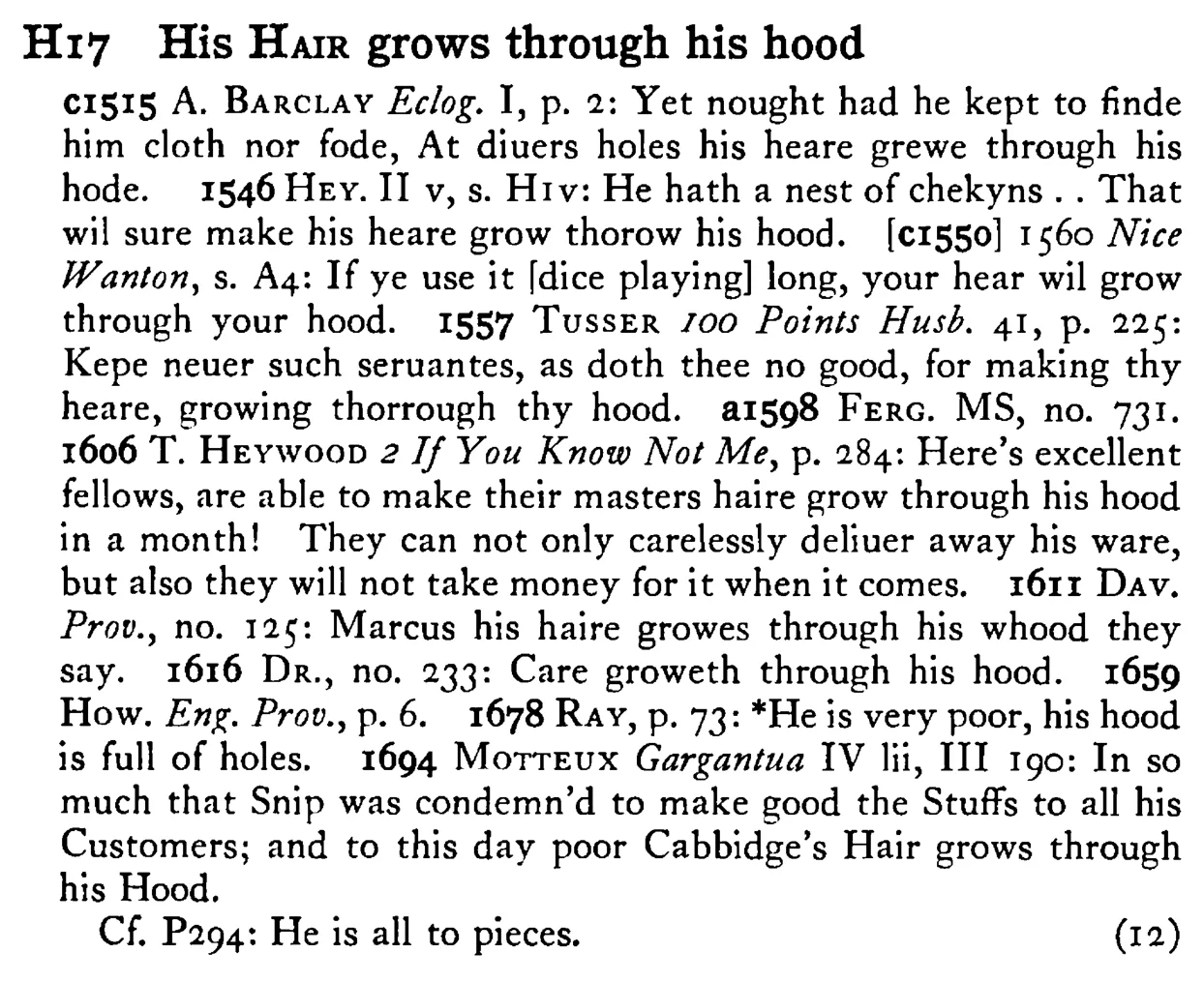 His HAIR grows through his hood - a scanned entry from Tilley's 1950 Dictionary of Proverbs.