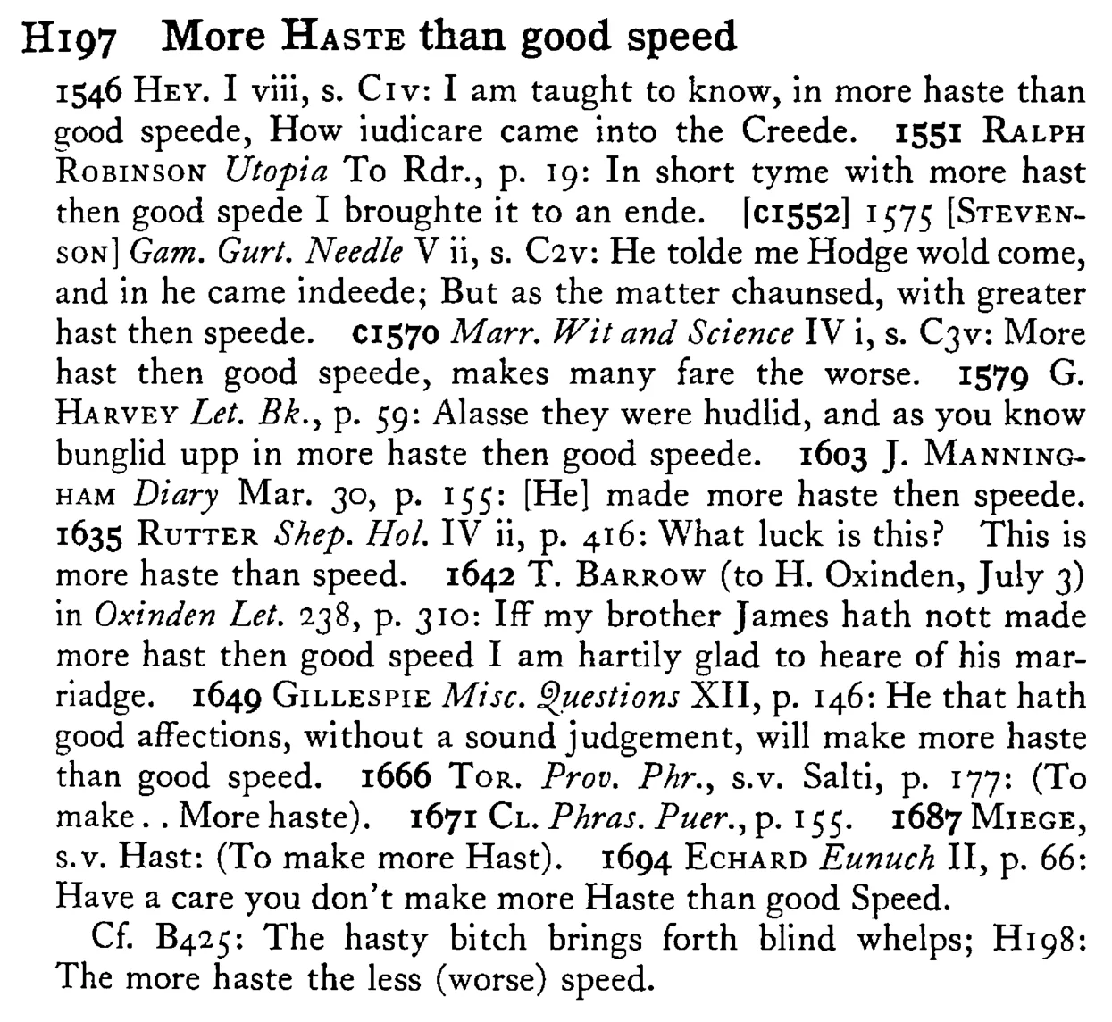 More HASTE than good speed - a scanned entry from Tilley's 1950 Dictionary of Proverbs.