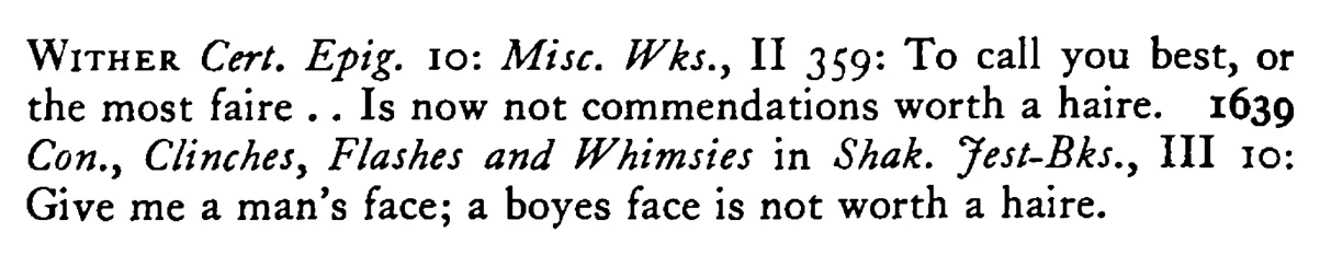 Not worth a HAIR - a scanned entry from Tilley's 1950 Dictionary of Proverbs. (continuation)