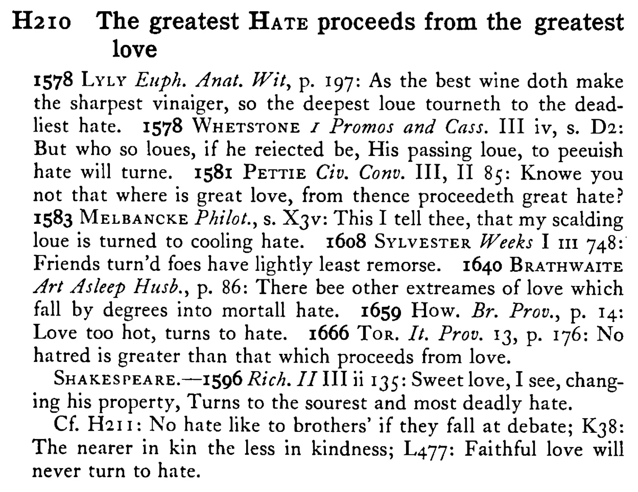 The greatest HATE proceeds from the greatest love - a scanned entry from Tilley's 1950 Dictionary of Proverbs.