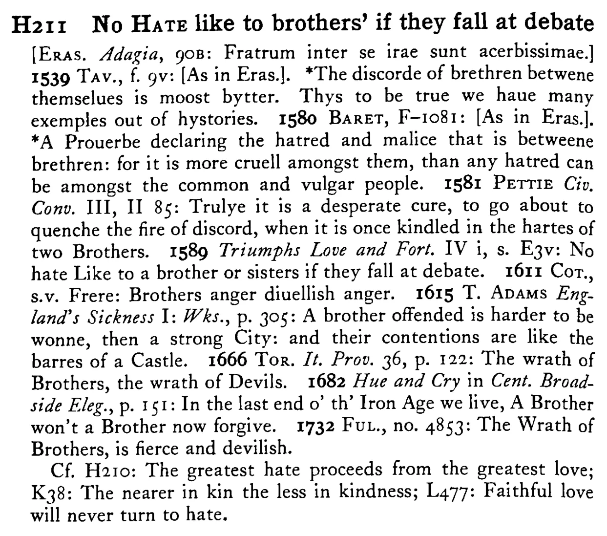 No HATE like to brothers' if they fall at debate - a scanned entry from Tilley's 1950 Dictionary of Proverbs.