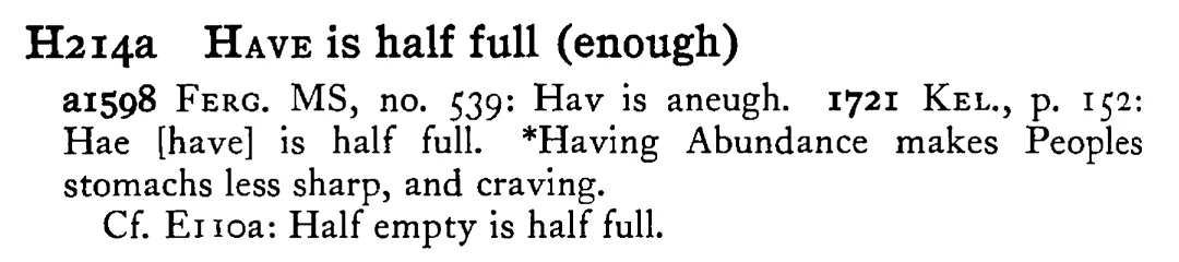 HAVE is half full (enough) - a scanned entry from Tilley's 1950 Dictionary of Proverbs.