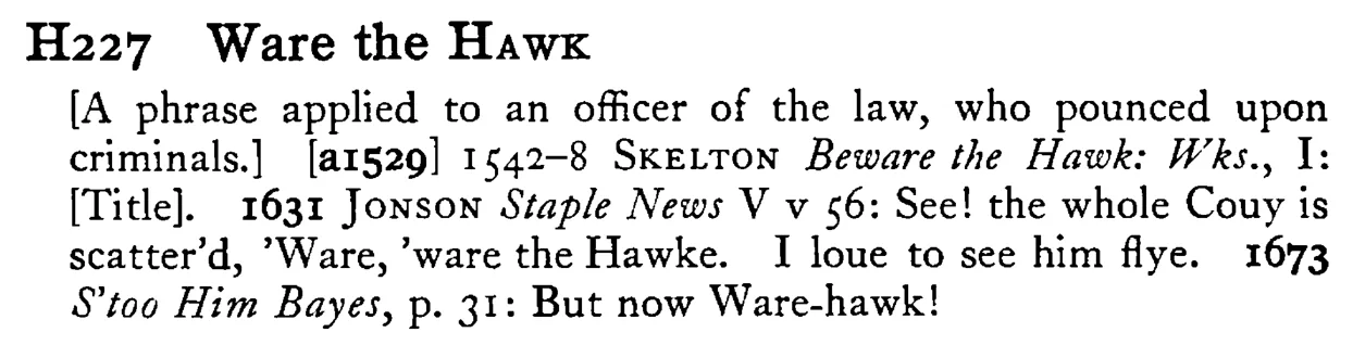 Ware the HAWK - a scanned entry from Tilley's 1950 Dictionary of Proverbs.