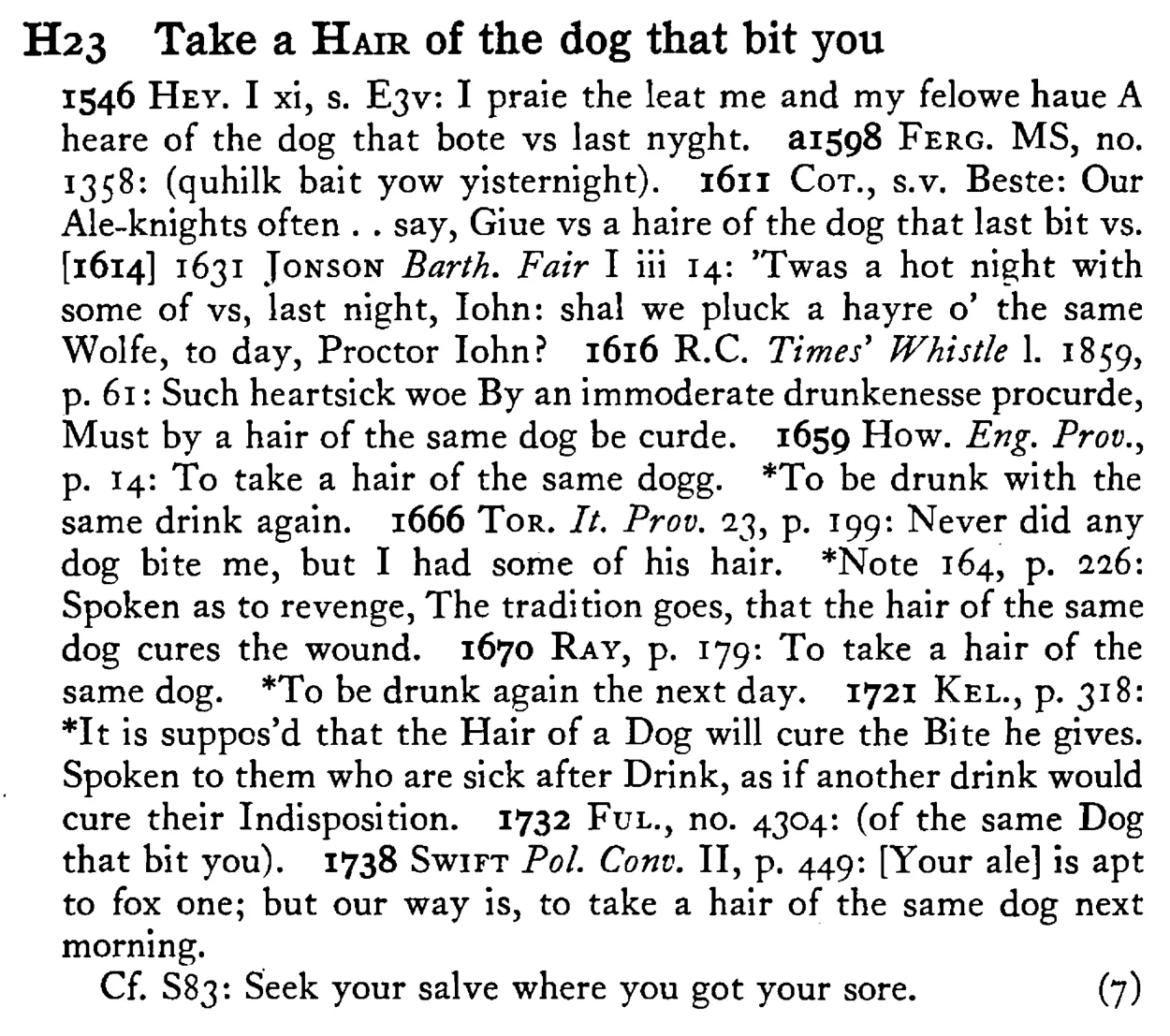Take a HAIR of the dog that bit you - a scanned entry from Tilley's 1950 Dictionary of Proverbs.