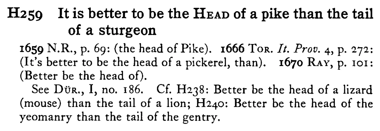 It is better to be the HEAD of a pike than the tail of a sturgeon - a scanned entry from Tilley's 1950 Dictionary of Proverbs.