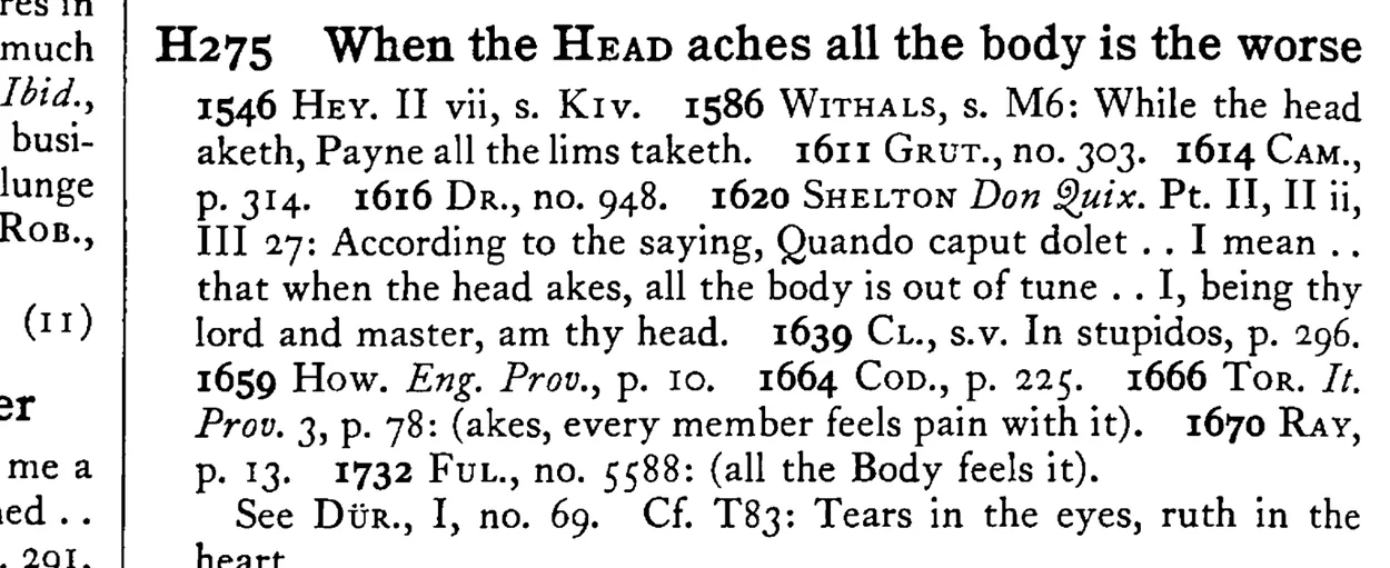 When the HEAD aches all the body is the worse - a scanned entry from Tilley's 1950 Dictionary of Proverbs.