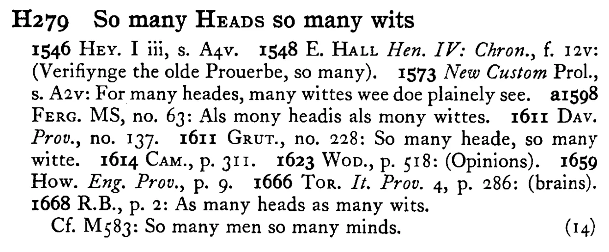 So many HEADS so many wits - a scanned entry from Tilley's 1950 Dictionary of Proverbs.