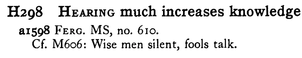 HEARING much increases knowledge - a scanned entry from Tilley's 1950 Dictionary of Proverbs.
