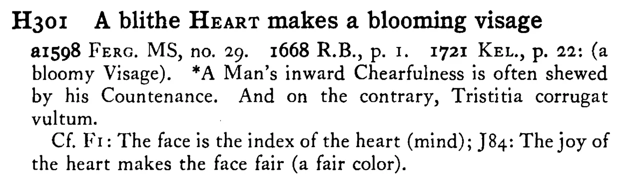 A blithe HEART makes a blooming visage - a scanned entry from Tilley's 1950 Dictionary of Proverbs.