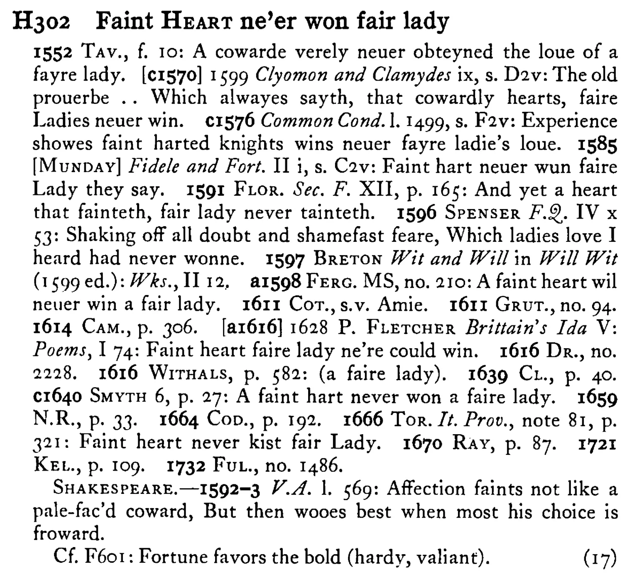 Faint HEART ne'er won fair lady - a scanned entry from Tilley's 1950 Dictionary of Proverbs.