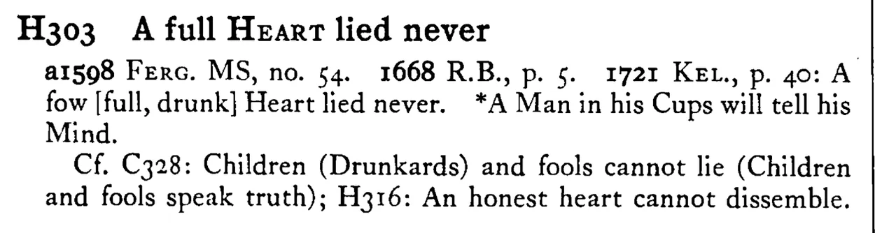 A full HEART lied never - a scanned entry from Tilley's 1950 Dictionary of Proverbs.