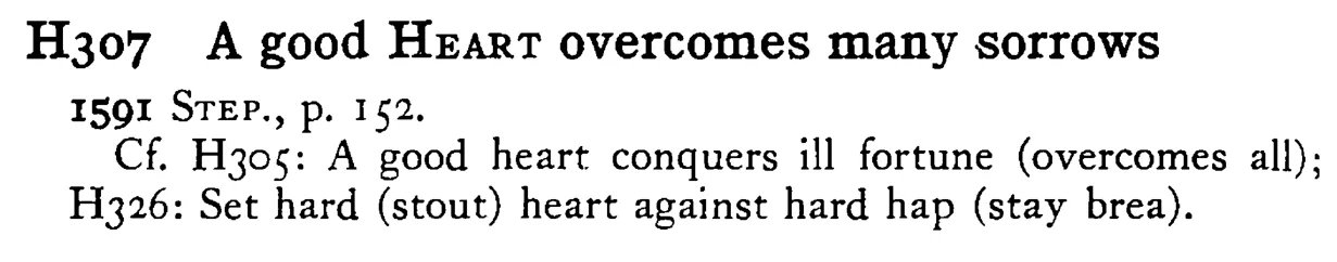 A good HEART overcomes many sorrows - a scanned entry from Tilley's 1950 Dictionary of Proverbs.