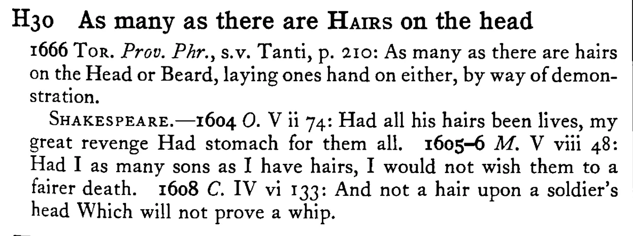 As many as there are HAIRS on the head - a scanned entry from Tilley's 1950 Dictionary of Proverbs.