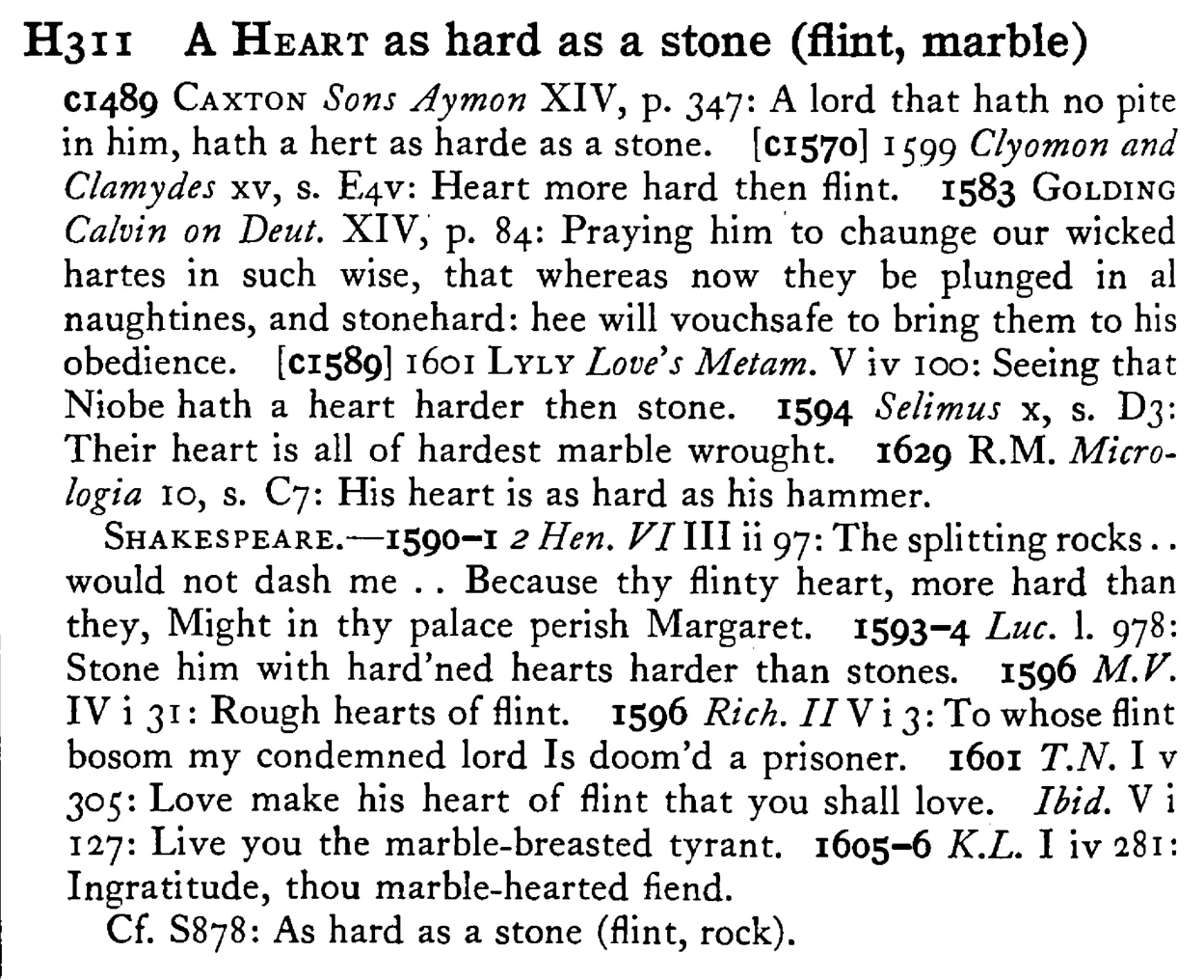 A HEART as hard as a stone (flint, marble) - a scanned entry from Tilley's 1950 Dictionary of Proverbs.