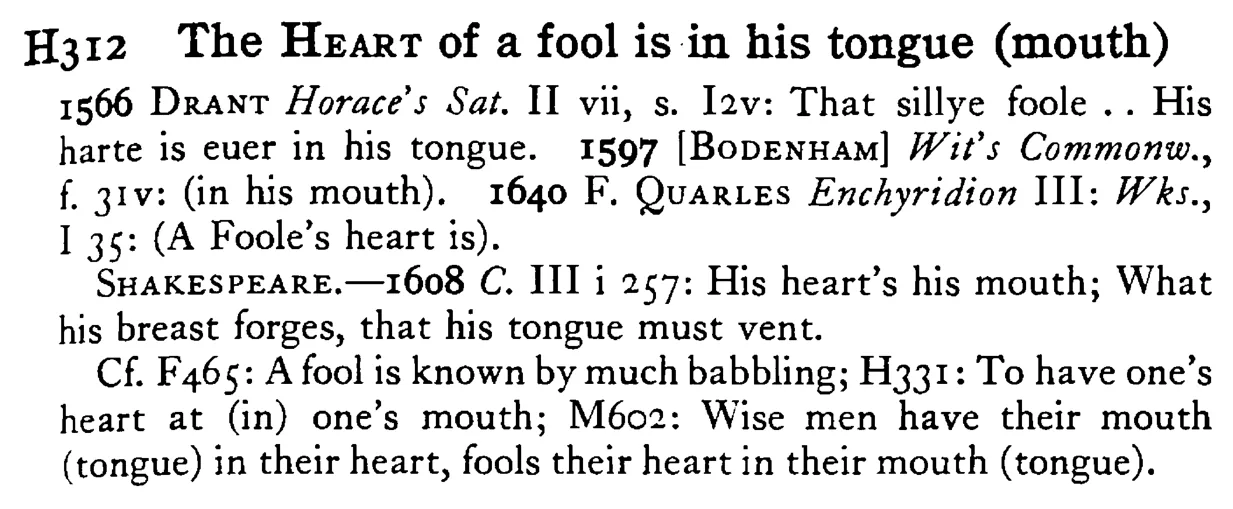The HEART of a fool is in his tongue (mouth) - a scanned entry from Tilley's 1950 Dictionary of Proverbs.