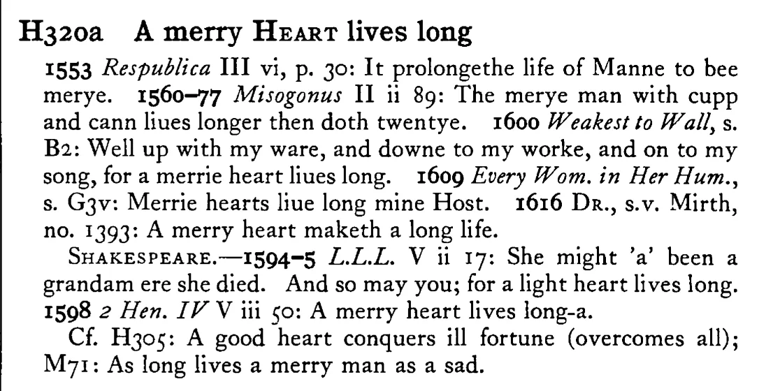 A merry HEART lives long - a scanned entry from Tilley's 1950 Dictionary of Proverbs.