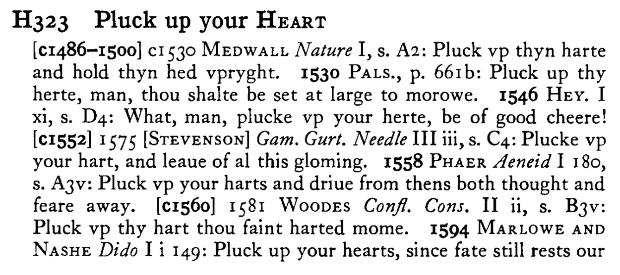 Pluck up your HEART - a scanned entry from Tilley's 1950 Dictionary of Proverbs.