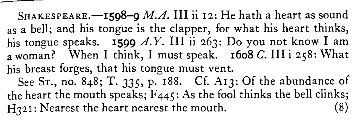 What the HEART thinks the tongue speaks - a scanned entry from Tilley's 1950 Dictionary of Proverbs. (continuation)