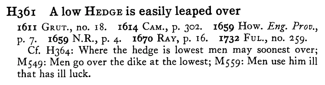 A low HEDGE is easily leaped over - a scanned entry from Tilley's 1950 Dictionary of Proverbs.