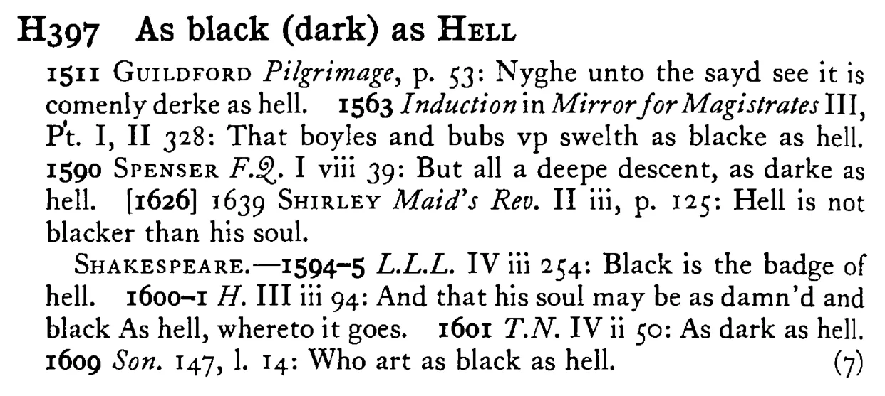 As black (dark) as HELL - a scanned entry from Tilley's 1950 Dictionary of Proverbs.