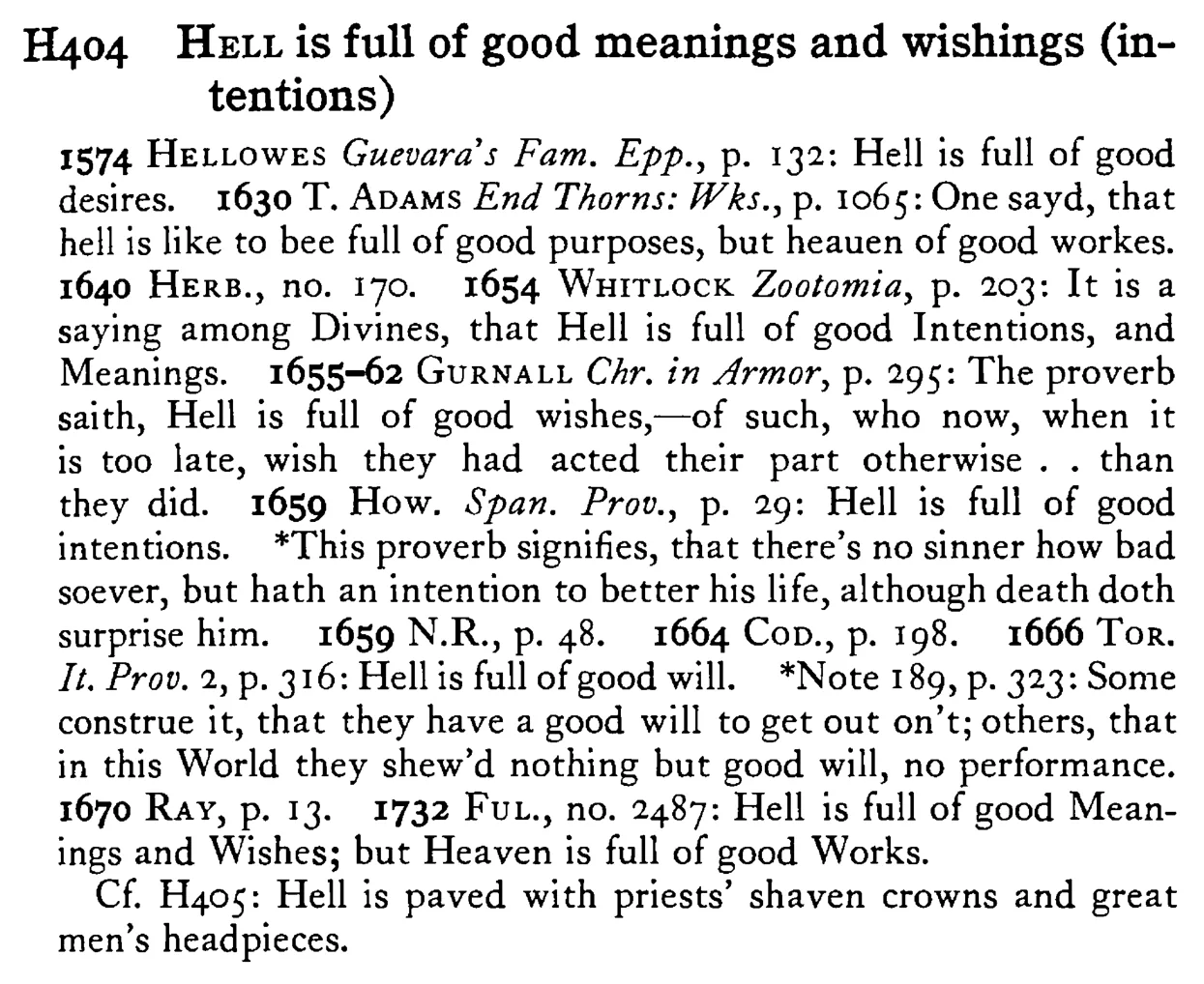 HELL is full of good meanings and wishings (intentions) - a scanned entry from Tilley's 1950 Dictionary of Proverbs.