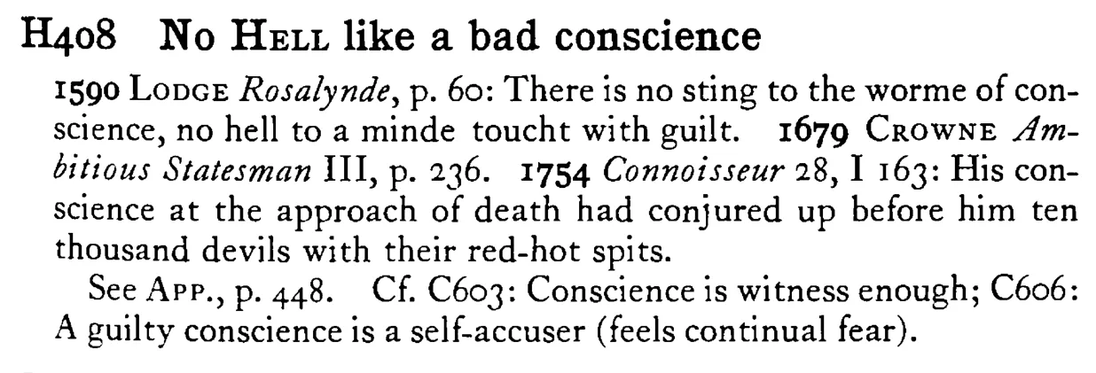 No HELL like a bad conscience - a scanned entry from Tilley's 1950 Dictionary of Proverbs.