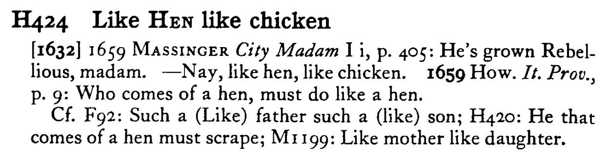 Like HEN like chicken - a scanned entry from Tilley's 1950 Dictionary of Proverbs.