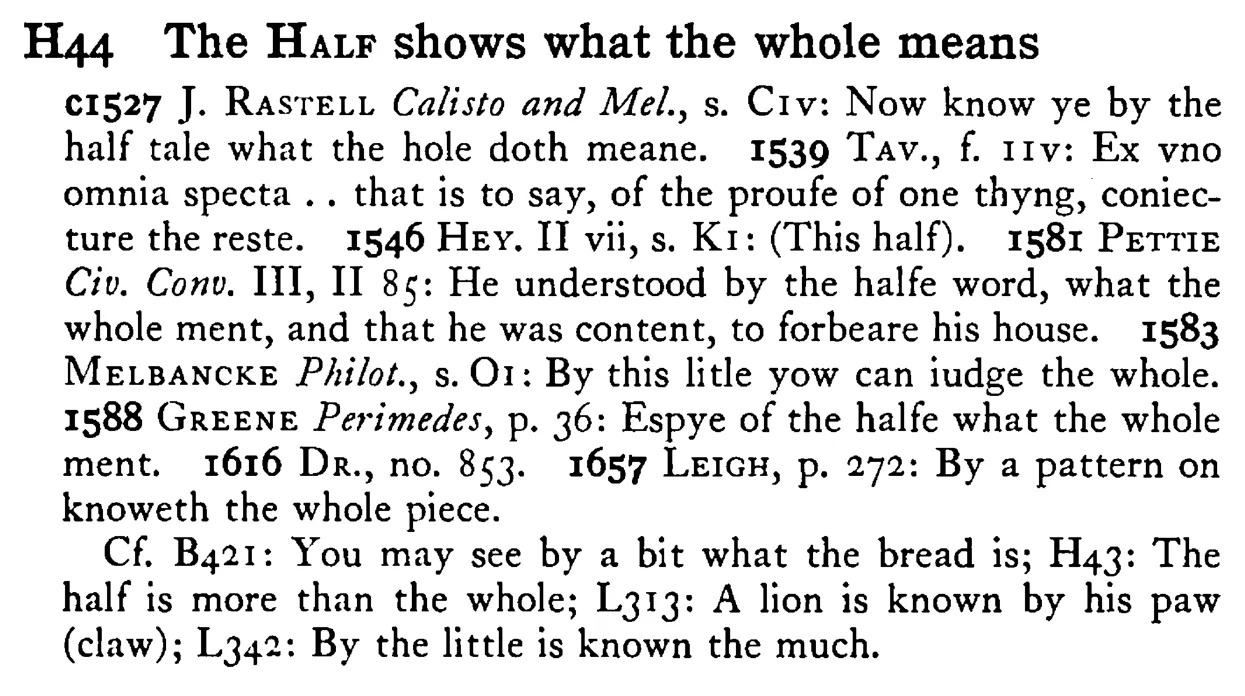 The HALF shows what the whole means - a scanned entry from Tilley's 1950 Dictionary of Proverbs.