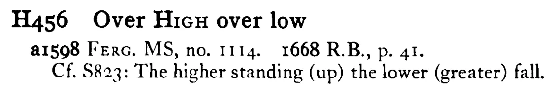 Over HIGH over low - a scanned entry from Tilley's 1950 Dictionary of Proverbs.