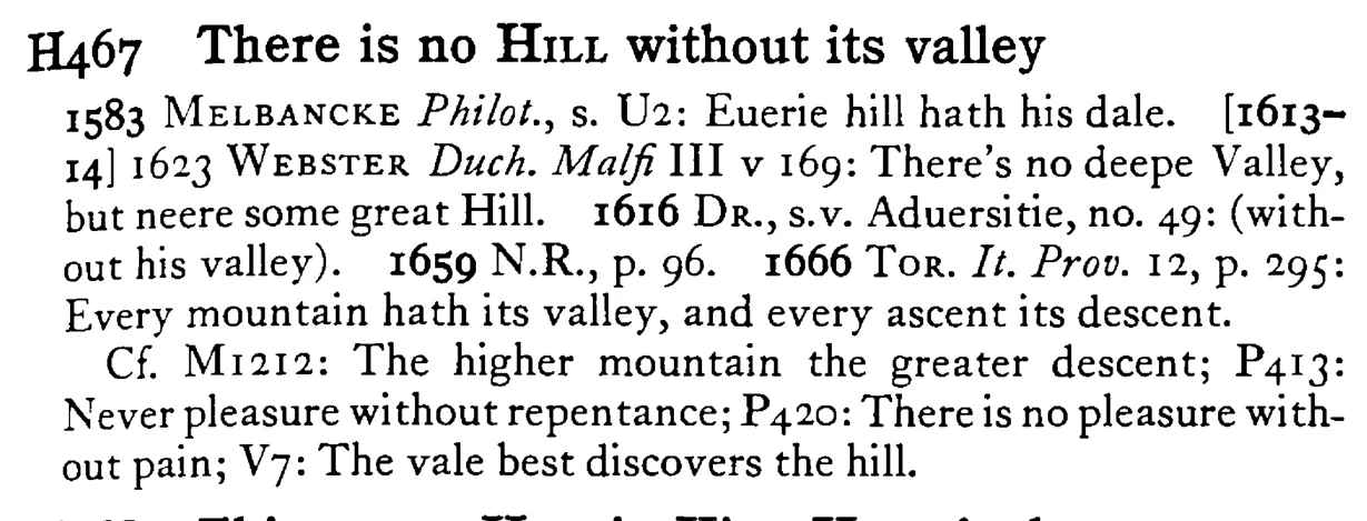 There is no HILL without its valley - a scanned entry from Tilley's 1950 Dictionary of Proverbs.