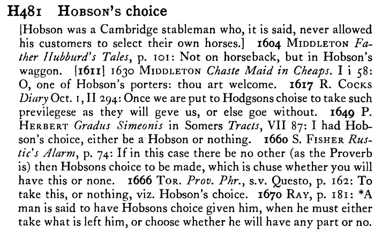 HOBSON's choice - a scanned entry from Tilley's 1950 Dictionary of Proverbs.