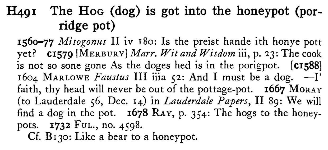 The HOG (dog) is got into the honeypot (porridge pot) - a scanned entry from Tilley's 1950 Dictionary of Proverbs.