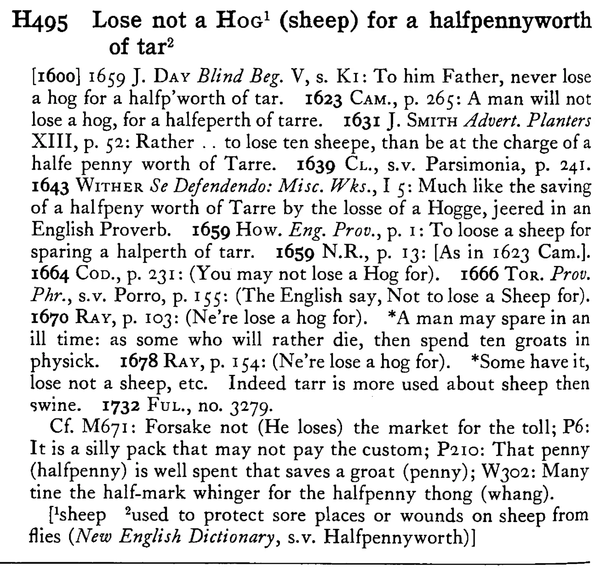 Lose not a HOG¹ (sheep) for a halfpennyworth of tar² - a scanned entry from Tilley's 1950 Dictionary of Proverbs.