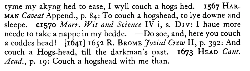 To couch a HOGSHEAD - a scanned entry from Tilley's 1950 Dictionary of Proverbs. (continuation)