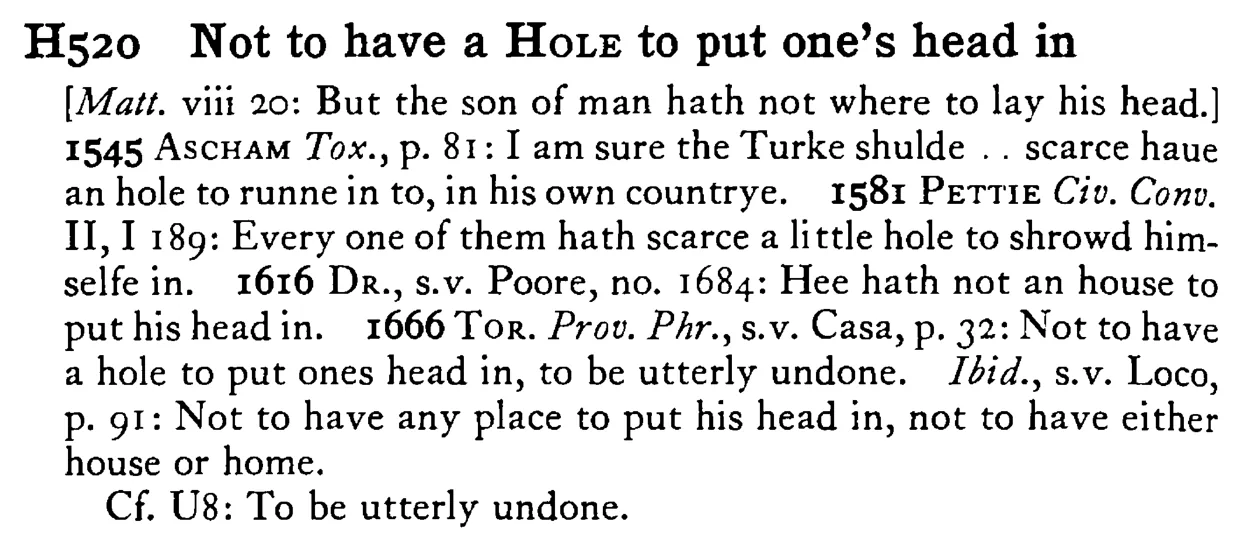 Not to have a HOLE to put one's head in - a scanned entry from Tilley's 1950 Dictionary of Proverbs.