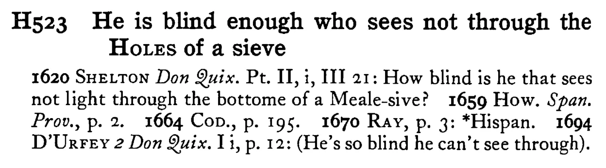 He is blind enough who sees not through the HOLES of a sieve - a scanned entry from Tilley's 1950 Dictionary of Proverbs.