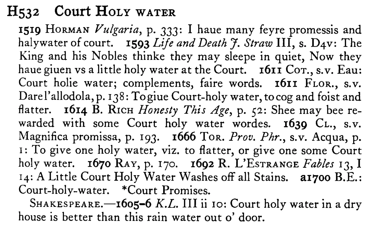 Court HOLY WATER - a scanned entry from Tilley's 1950 Dictionary of Proverbs.