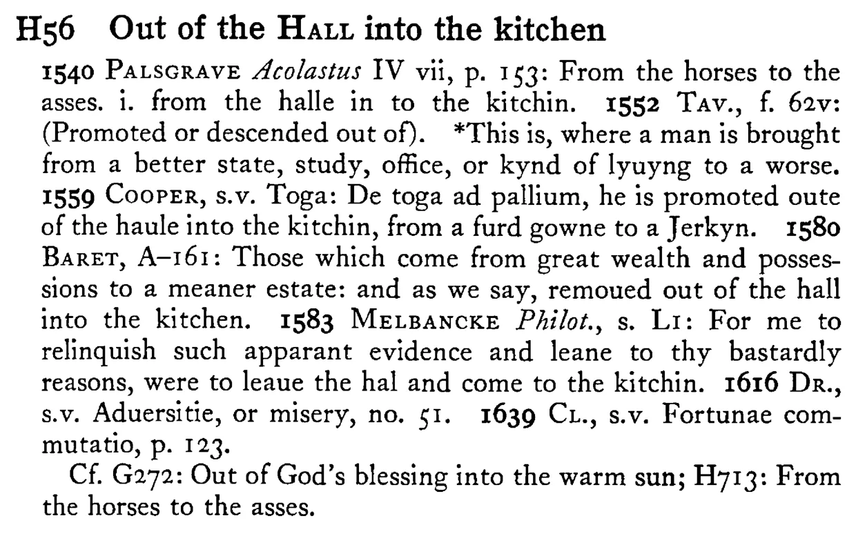 Out of the HALL into the kitchen - a scanned entry from Tilley's 1950 Dictionary of Proverbs.
