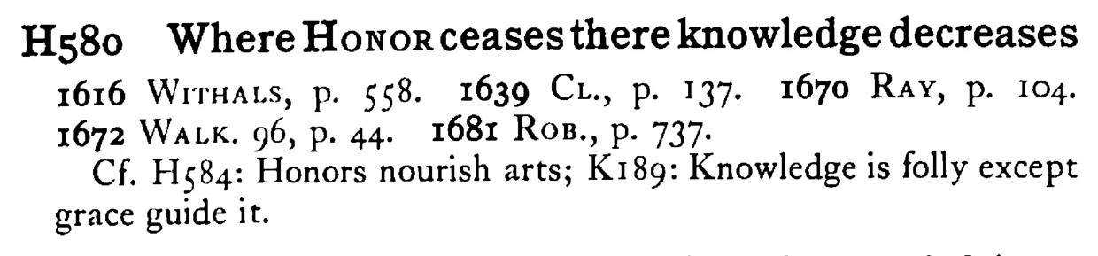 Where HONOR ceases there knowledge decreases - a scanned entry from Tilley's 1950 Dictionary of Proverbs.